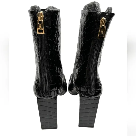 NIB Good American Boots Sz 6.5 Black Zip Square Toe Croc Embossed Block Heel