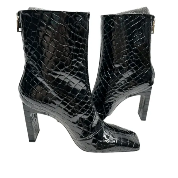NIB Good American Boots Sz 6.5 Black Zip Square Toe Croc Embossed Block Heel