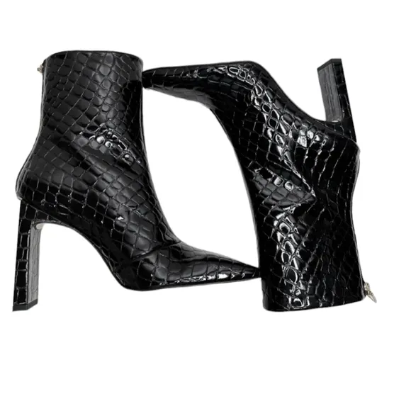 NIB Good American Boots Sz 6.5 Black Zip Square Toe Croc Embossed Block Heel