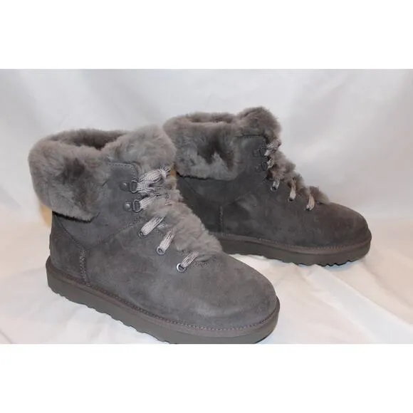 NIB UGG WOMEN'S MINI‎ ALPINE LACE UP SUEDE SHEARLING LINED BOOTS GRAY 7