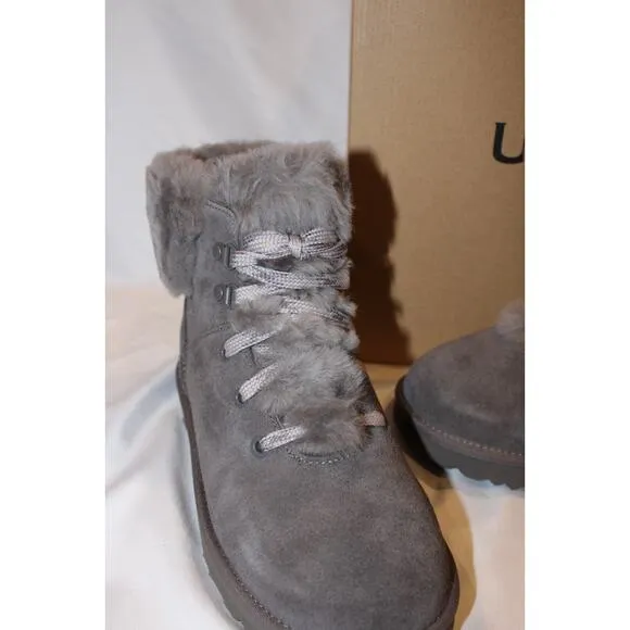 NIB UGG WOMEN'S MINI‎ ALPINE LACE UP SUEDE SHEARLING LINED BOOTS GRAY 7