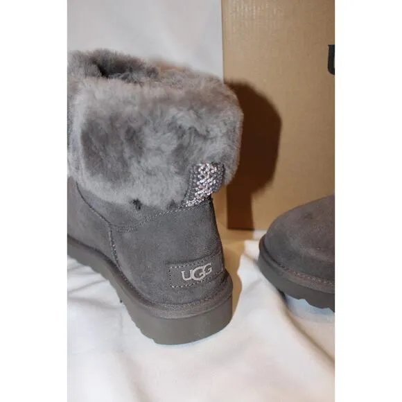NIB UGG WOMEN'S MINI‎ ALPINE LACE UP SUEDE SHEARLING LINED BOOTS GRAY 7