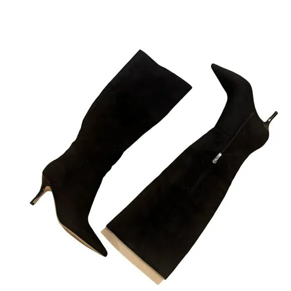 Nine West Myfin Suede Knee High Boot Pointed Toe Stiletto Heel Black SZ 6M NWOB