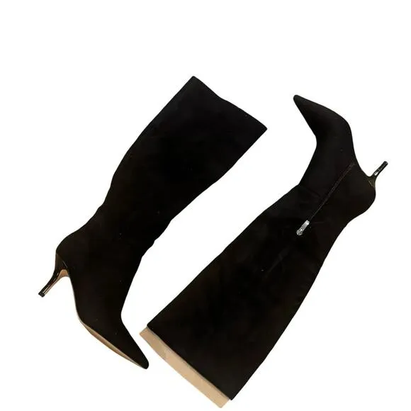 Nine West Myfin Suede Knee High Boot Pointed Toe Stiletto Heel Black SZ 6M NWOB