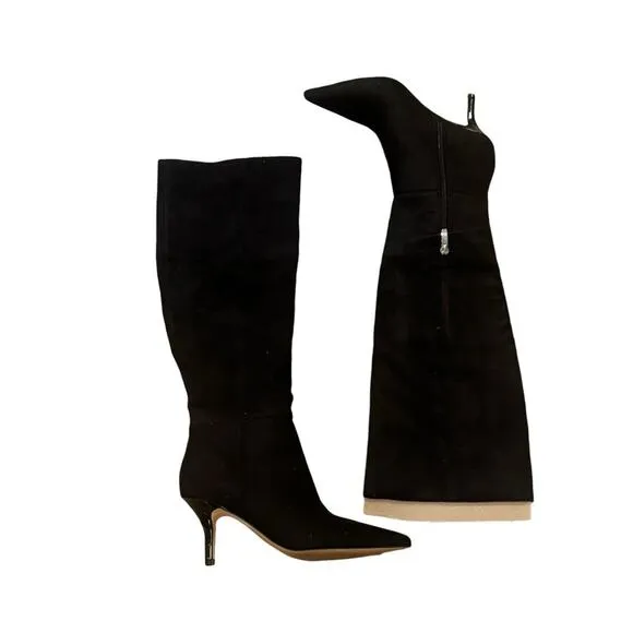 Nine West Myfin Suede Knee High Boot Pointed Toe Stiletto Heel Black SZ 6M NWOB