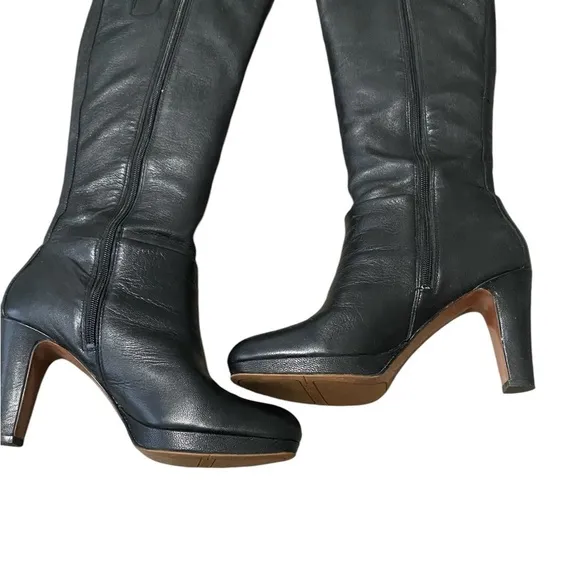 Nine West Persephone High Heel Platform Boot Black Leather Women 8.5 Side Zipper