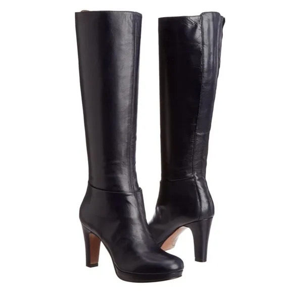 Nine West Persephone High Heel Platform Boot Black Leather Women 8.5 Side Zipper