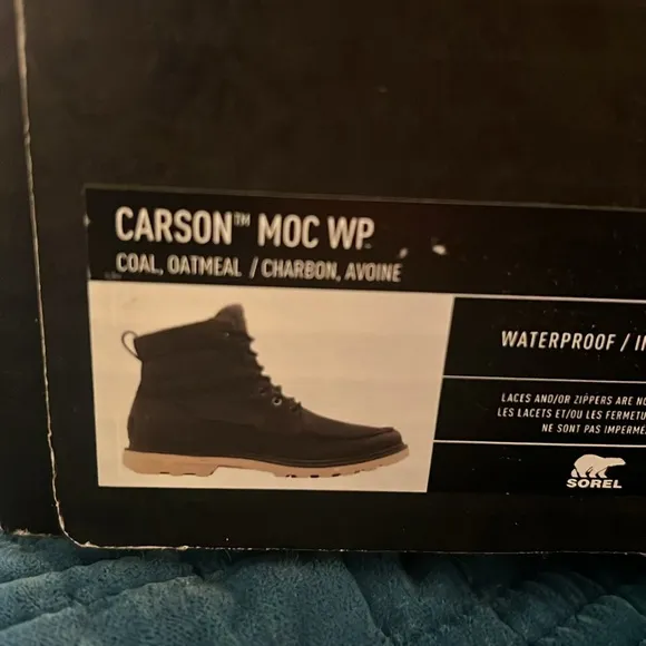 NWB Sorel Carson Moc Coal&amp; Oatmeal Waterproof Boots, size 15!