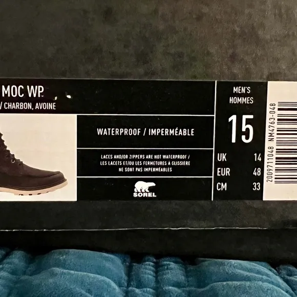 NWB Sorel Carson Moc Coal&amp; Oatmeal Waterproof Boots, size 15!