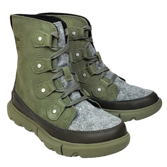 NWB Sorel explorer next Joan waterproof boots stone green lace insulated suede