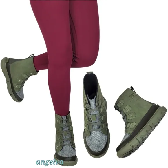 NWB Sorel explorer next Joan waterproof boots stone green lace insulated suede
