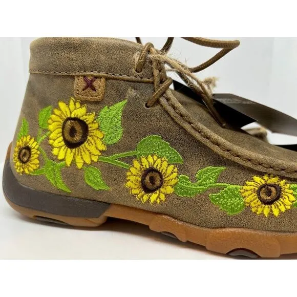 NWB Twisted X Boots Leather Driving Mocs Bomber Sunflower Embroidery Women 5.5 M