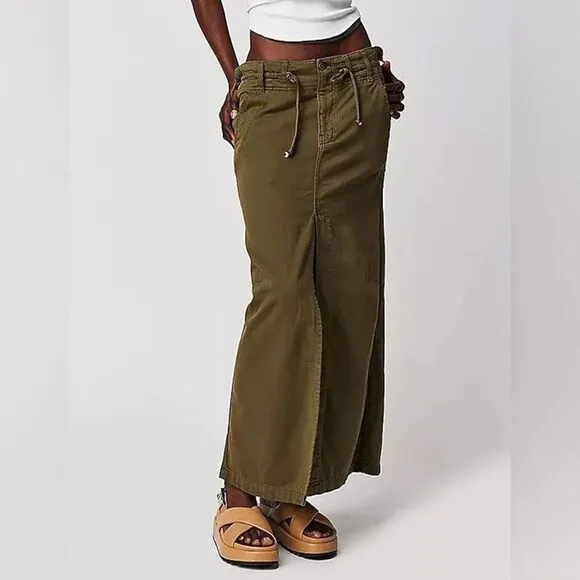 NWOT Free People Chino High Slit  Maxi Skirt High Waisted Green Sz 4 pockets