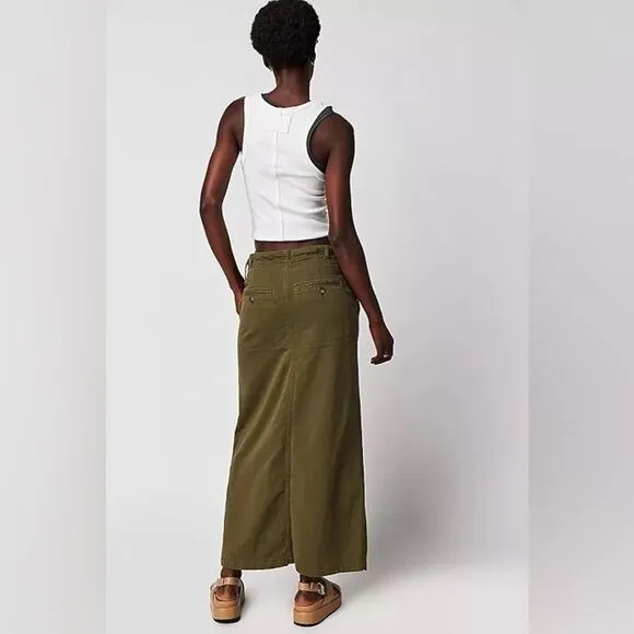 NWOT Free People Chino High Slit  Maxi Skirt High Waisted Green Sz 4 pockets
