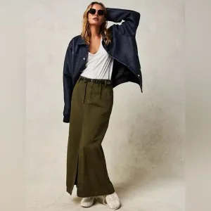 NWOT Free People Chino High Slit  Maxi Skirt High Waisted Green Sz 4 pockets