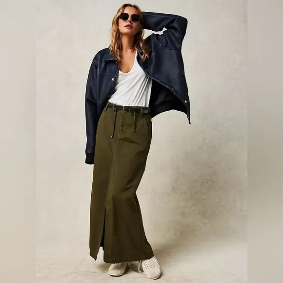 NWOT Free People Chino High Slit  Maxi Skirt High Waisted Green Sz 4 pockets