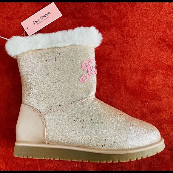 NWOT JUICY COUTURE Big Girls TEMECULA Gold LOGO Glitter Faux Shearling BOOTS 3M