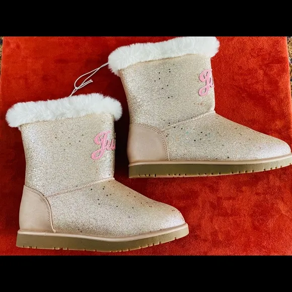 NWOT JUICY COUTURE Big Girls TEMECULA Gold LOGO Glitter Faux Shearling BOOTS 3M
