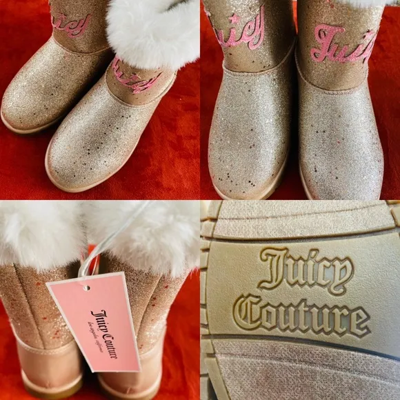 NWOT JUICY COUTURE Big Girls TEMECULA Gold LOGO Glitter Faux Shearling BOOTS 3M