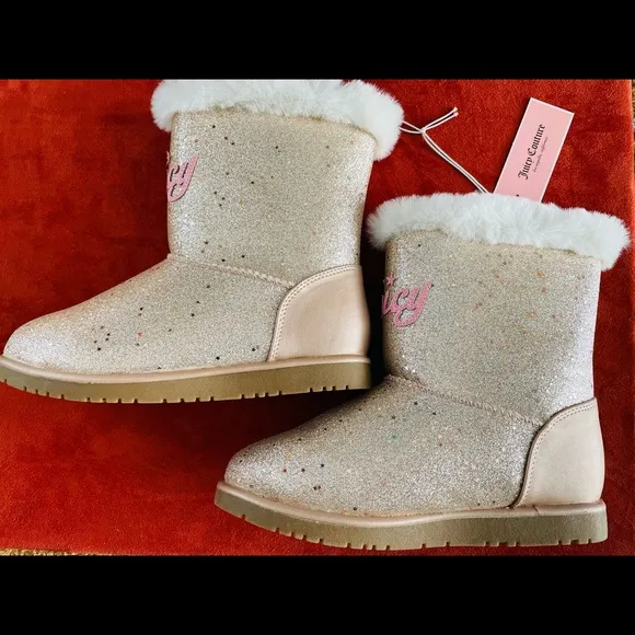 NWOT JUICY COUTURE Big Girls TEMECULA Gold LOGO Glitter Faux Shearling BOOTS 3M