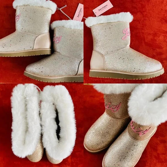 NWOT JUICY COUTURE Big Girls TEMECULA Gold LOGO Glitter Faux Shearling BOOTS 3M