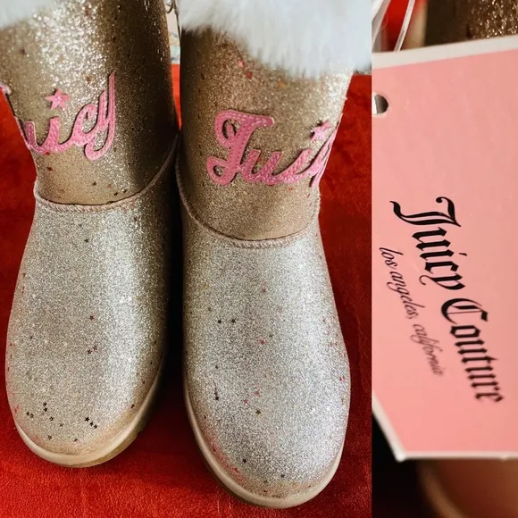 NWOT JUICY COUTURE Big Girls TEMECULA Gold LOGO Glitter Faux Shearling BOOTS 3M