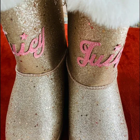 NWOT JUICY COUTURE Big Girls TEMECULA Gold LOGO Glitter Faux Shearling BOOTS 3M