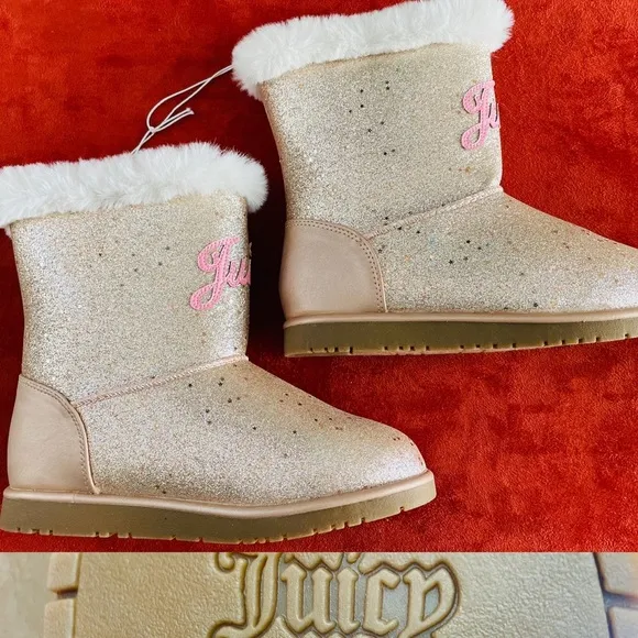 NWOT JUICY COUTURE Big Girls TEMECULA Gold LOGO Glitter Faux Shearling BOOTS 3M