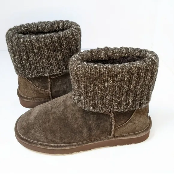 NWOT Lamo Boots Womens Ankle Brown Suede Fur Lining Sparkled Sweater Cuff Top