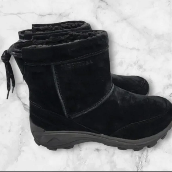 NWOT Merrell Unisex Suede Black Boots Waterproof Faux Fur Men 8.5 or Wom…