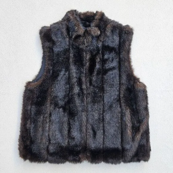 NWOT Worthington Reversible Brown and Black Faux Fur Faux Leather Zip-up Vest