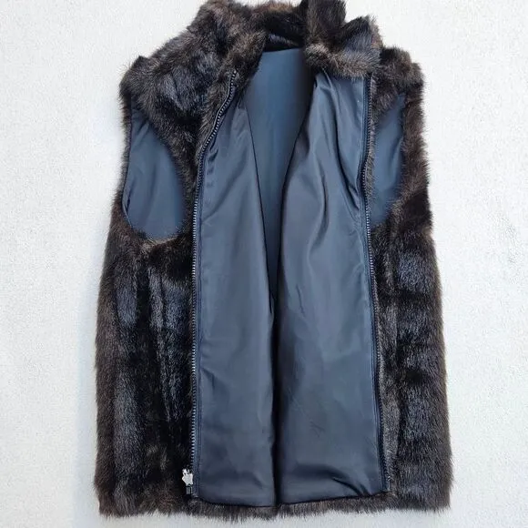 NWOT Worthington Reversible Brown and Black Faux Fur Faux Leather Zip-up Vest