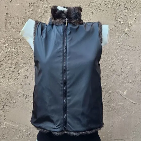 NWOT Worthington Reversible Brown and Black Faux Fur Faux Leather Zip-up Vest