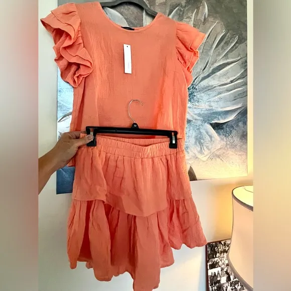 NWT 2 Piece DREW’s Ruffled Tangerine Gauzy Tiered Skirt &amp; Top Size Small