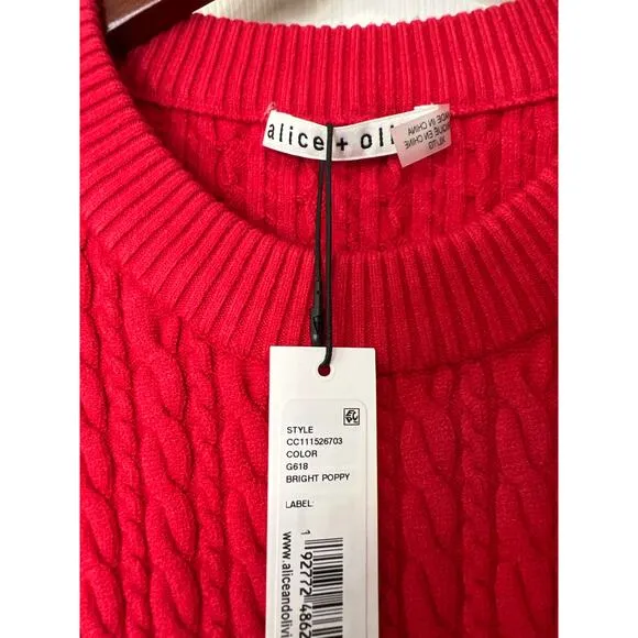 NWT Alice   Olivia Yuna Bright Poppy Red Long Sleeve Cable Knit Sweater Dress XL