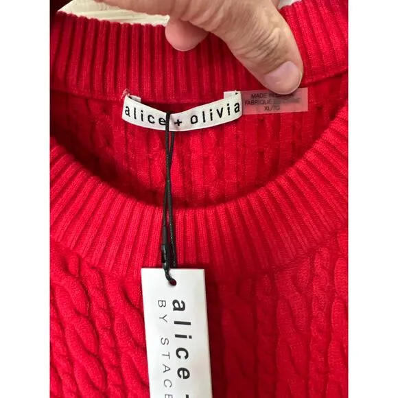 NWT Alice   Olivia Yuna Bright Poppy Red Long Sleeve Cable Knit Sweater Dress XL