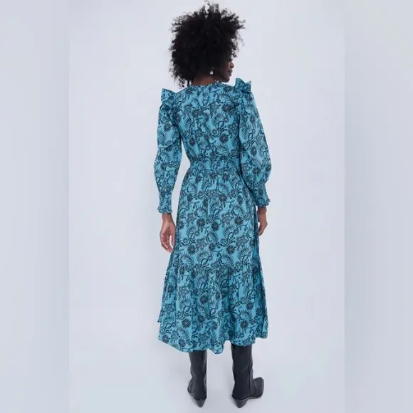 NWT Banjanan Bristol Pearl Midi Dress Women's XL Turquoise Pockets Long Sleeve