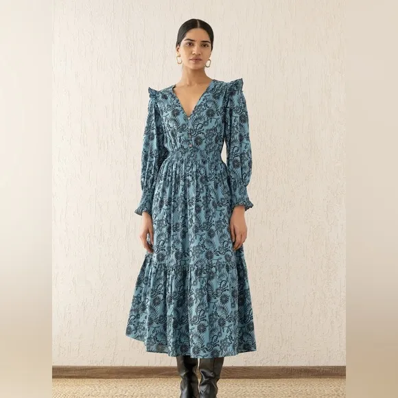 NWT Banjanan Bristol Pearl Midi Dress Women's XL Turquoise Pockets Long Sleeve