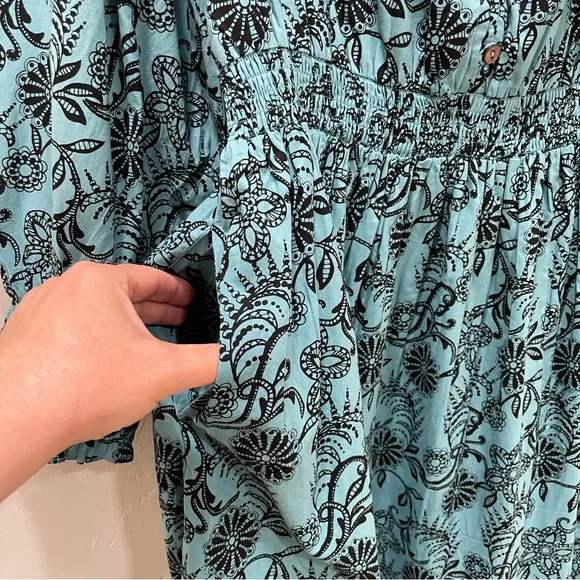 NWT Banjanan Bristol Pearl Midi Dress Women's XL Turquoise Pockets Long Sleeve