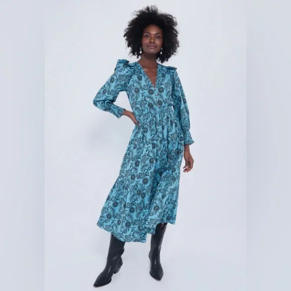 NWT Banjanan Bristol Pearl Midi Dress Women's XL Turquoise Pockets Long Sleeve