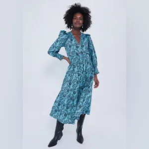 NWT Banjanan Bristol Pearl Midi Dress Women's XL Turquoise Pockets Long Sleeve