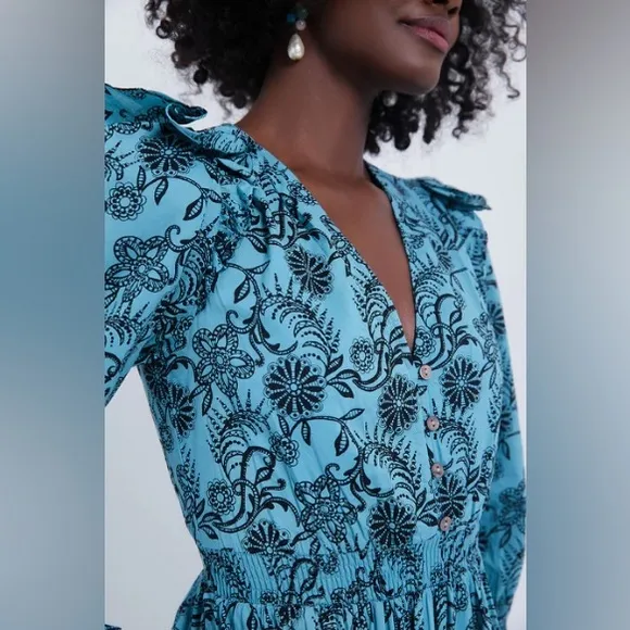 NWT Banjanan Bristol Pearl Midi Dress Women's XL Turquoise Pockets Long Sleeve