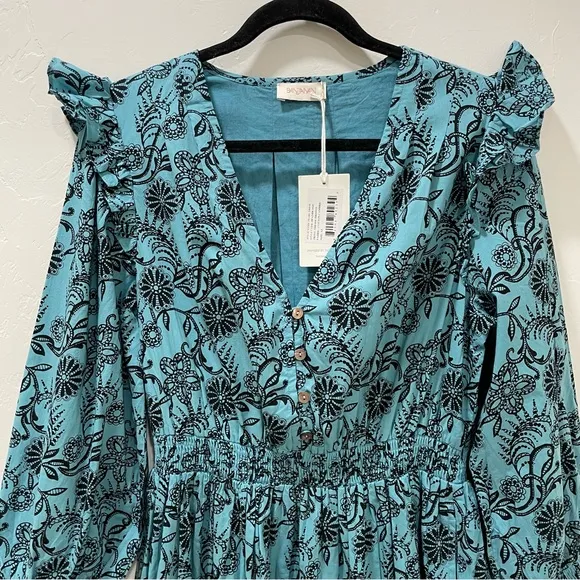 NWT Banjanan Bristol Pearl Midi Dress Women's XL Turquoise Pockets Long Sleeve