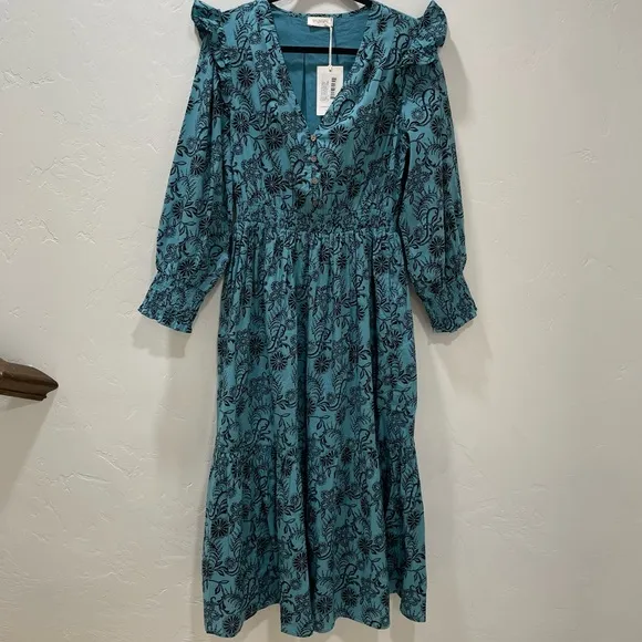 NWT Banjanan Bristol Pearl Midi Dress Women's XL Turquoise Pockets Long Sleeve