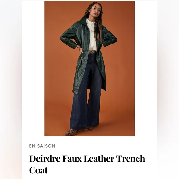 NWT En Saison Hunter green leather trench coat from Anthropologie, size Small.
