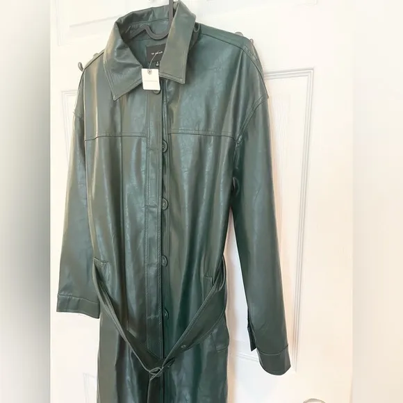 NWT En Saison Hunter green leather trench coat from Anthropologie, size Small.