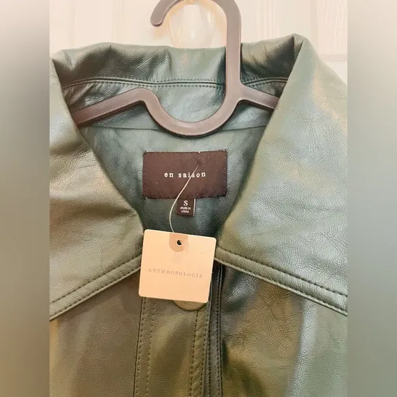 NWT En Saison Hunter green leather trench coat from Anthropologie, size Small.
