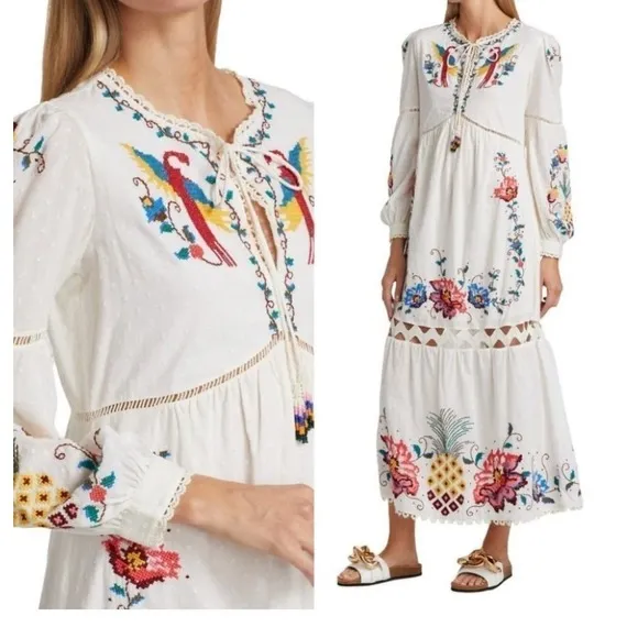 NWT! FARM RIO Macaw Cross Stitch Embroidered Maxi Dress SIZE S