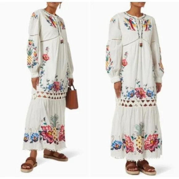 NWT! FARM RIO Macaw Cross Stitch Embroidered Maxi Dress SIZE S