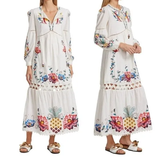 NWT! FARM RIO Macaw Cross Stitch Embroidered Maxi Dress SIZE S